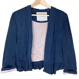 Anthropologie Cartonnier Ruffle Navy Tencel w Strawberry Print Blazer size Med